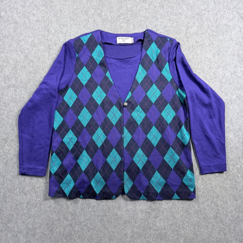 Alfred Dunner Vintage Argyle Layered Look Top Purple Teal Petite Medium USA Made